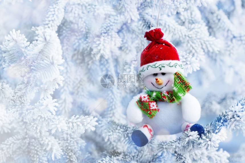 蓝色的一种冷杉红圣诞雪人挂在冬森林的树枝上图片