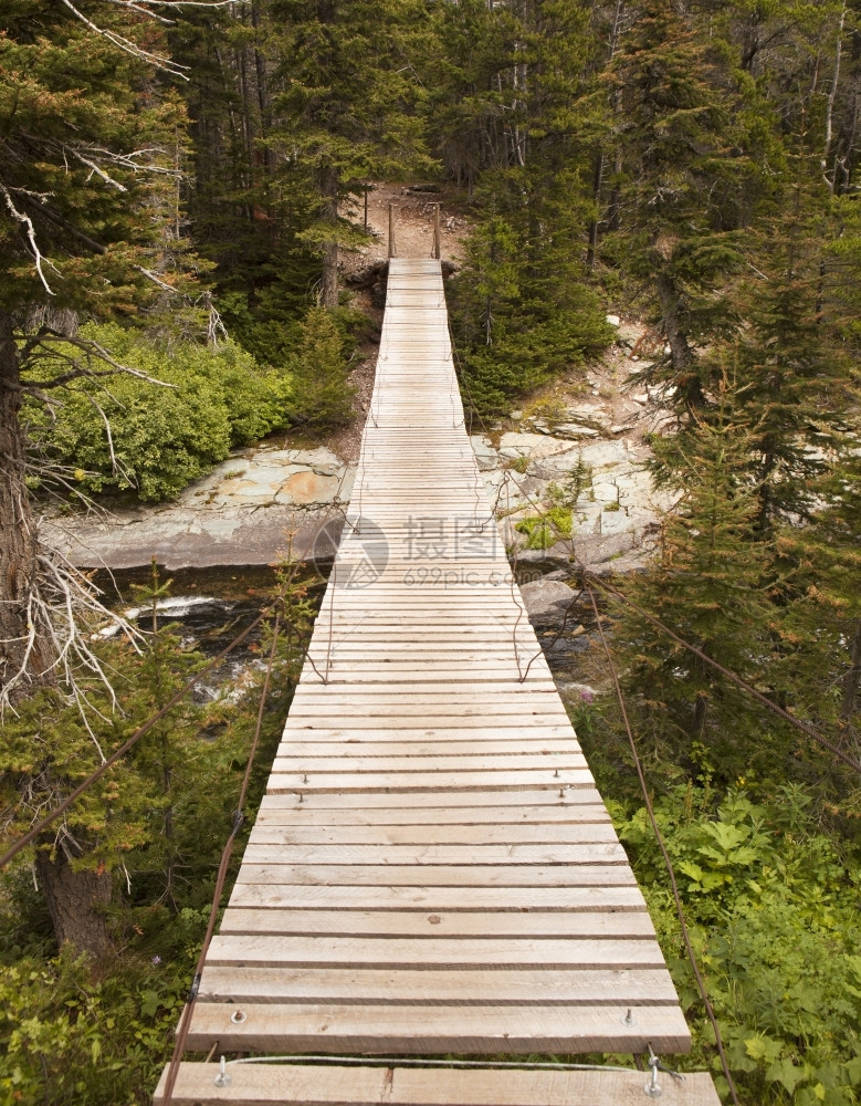 梁岌可危荒野一座木材悬吊桥在冰川公园的一条溪流上跨越了相当不稳定的交叉口图片