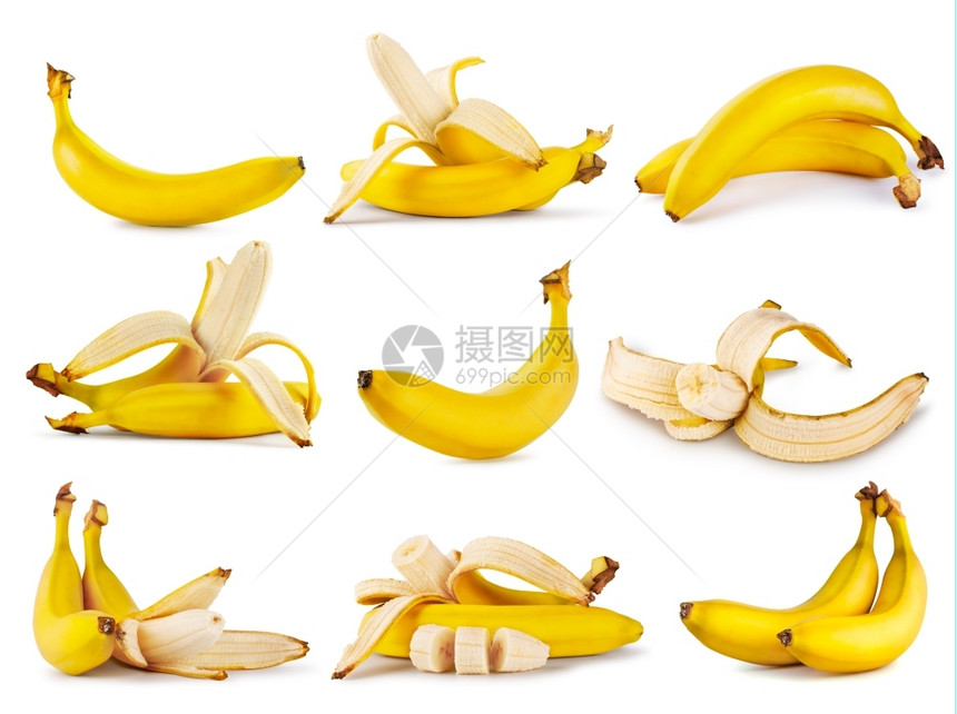 工作室白色背景上孤立的一套黄熟食香兰蕉健康多汁的图片