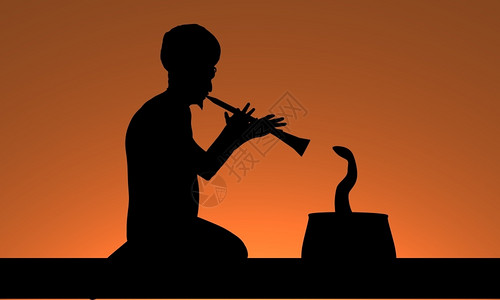 有趣的表演说明一个男人玩长笛和迷的一条蛇插图图片