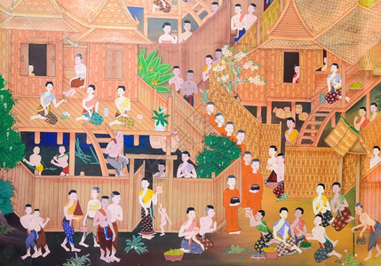 僧寺庙墙上向佛教和尚提供食物的泰壁画佛教徒木头图片