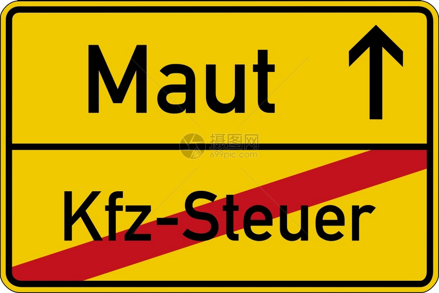 义务象征在路标上用德语表示收费和汽车税Maut和KfzSteuer象征主义图片