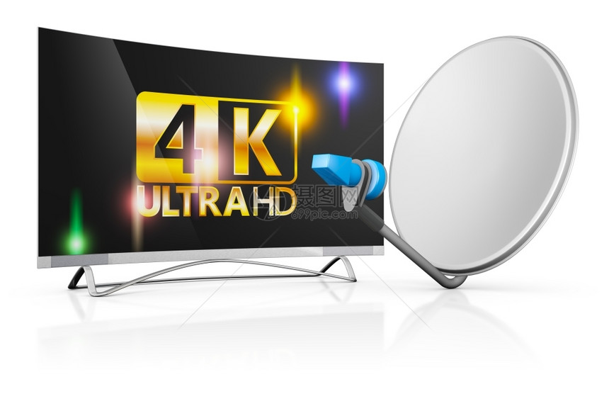 数字的竞赛现代4K电视和白色背景的卫星天线现代图片