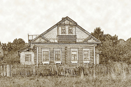 家自然日志旧的废弃天然木屋有破碎的栅栏铅笔素描风格图片