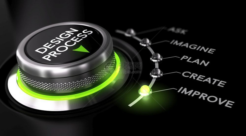 具有绿灯黑色背景的开关按钮用于说明工程设计过的概念图像设计过程师绿色质量图片