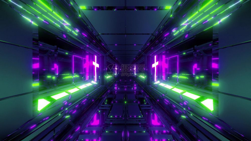 紫色的寺庙冷酷未来空间清洁的太空机库隧道通圣洁的克里斯蒂安十字3D插图墙纸背景设计酷的未来SCFi宗教神庙三德建筑艺术的凉酷未来图片