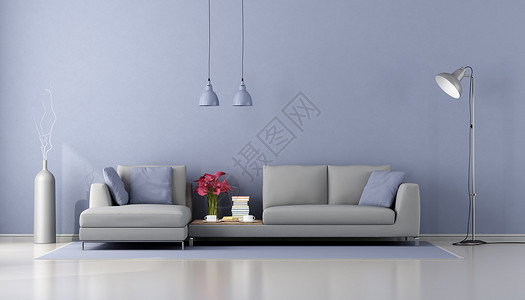 紫色的拥有现代灰沙发和紫墙的小型客厅有现代沙发和紫墙3D花活的背景图片