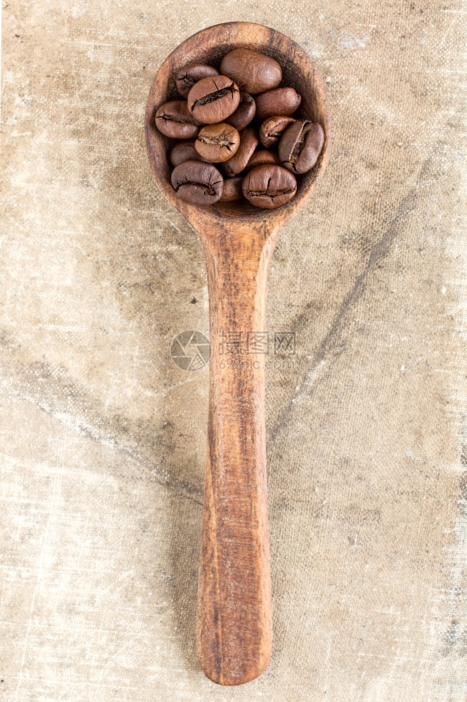 粮食和谐面布背景上有咖啡种植豆的勺子农业图片