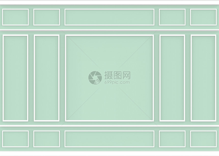 踢脚线优雅控制板3d将白色现代经典风格模式建在甜绿色墙壁背景上图片