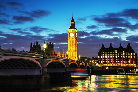 英国黄昏伦敦与时钟塔和议会大厦晚上在夜间欧洲的图片