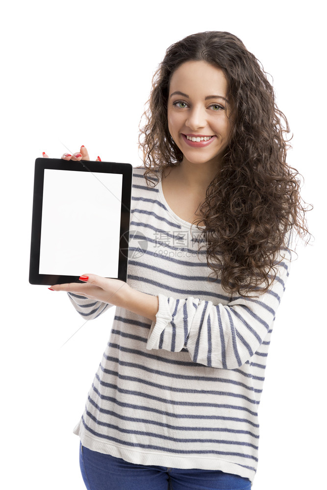 某物一种介绍美丽而快乐的女人在平板电脑上展示一些东西图片