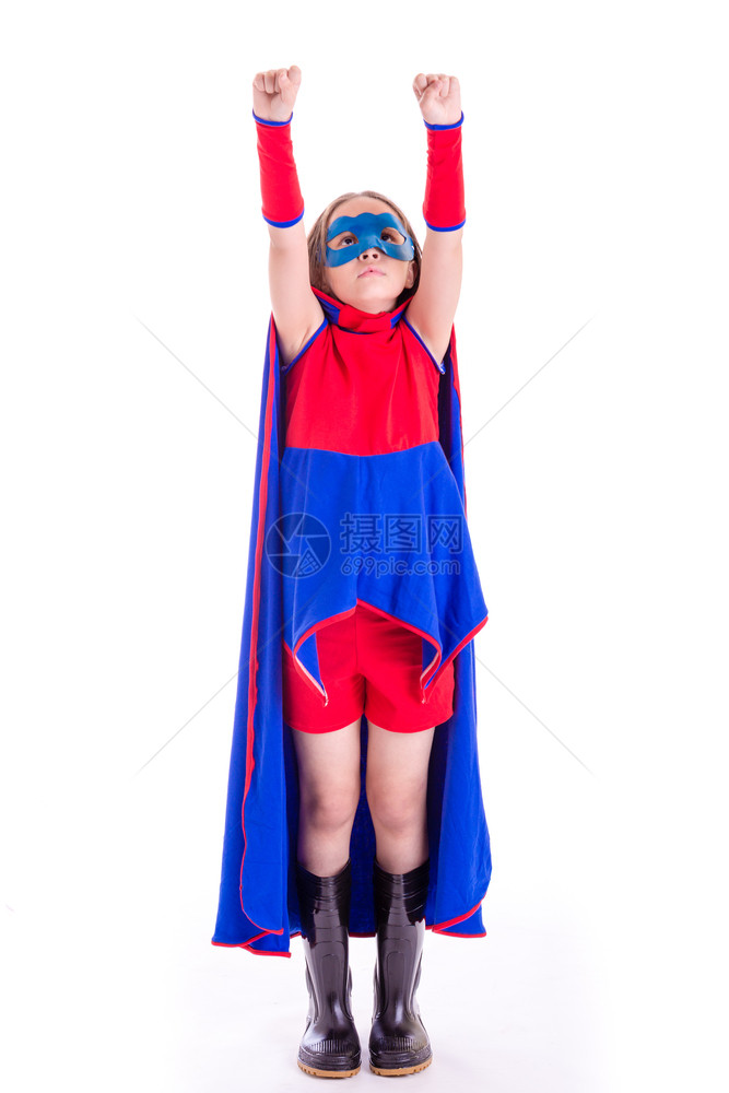 身着蓝色和红超级英雄服装的年轻女孩极好假装补间图片