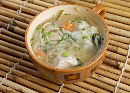 鸡肉面条汤特写香菜烹饪健康背景图片