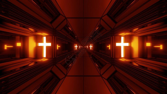 非常橙c玻璃神圣的克里斯蒂安光辉三面墙纸背景未来的Scifi建筑室带有宗教基督圣像符号3D设计干净的未来精神幻想空间棚房隧道走廊具有神圣设计图片