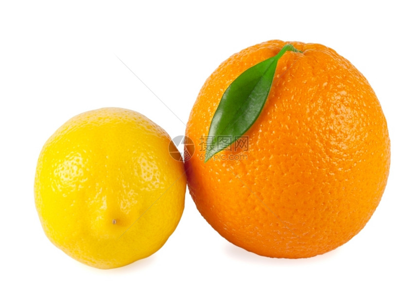 圆圈橙子和柠檬白底叶片分离茶点图片