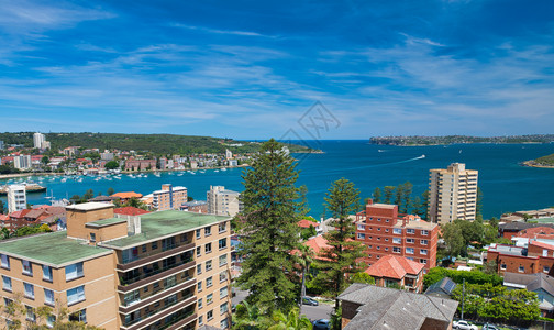 财产海在澳洲阳光明媚的一天ManlyBeach天际线全景空中观察图片