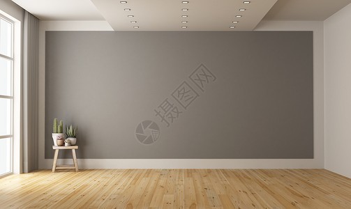 镶木地板空的最小房间背景上有灰墙木凳装有植物3D为空的最小房间背景上有灰墙木头居住背景图片