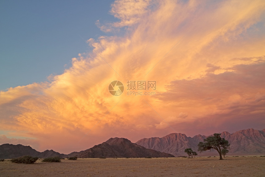 阳光树木生态Namib日落时的沙漠风景有崎岖的山峰和剧烈云雾纳米比亚图片