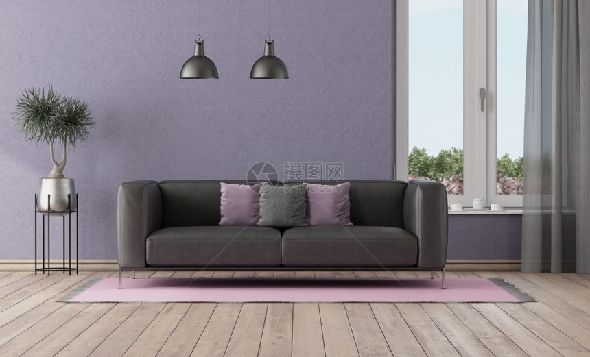 枝形吊灯紫色的家具带有黑皮沙发和大窗户的紫色房间3D用黑色沙发和窗子将紫色房间变成黑沙发和玻璃图片
