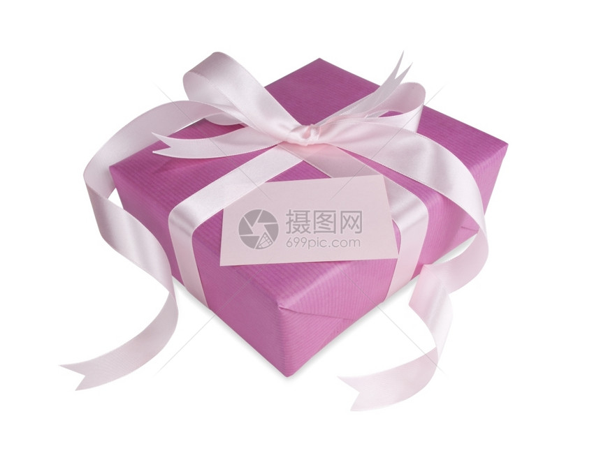 华丽的美粉红礼物盒白背景的粉红弓和卡片优雅图片