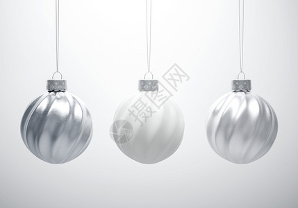 白色和银金属条纹扭曲的圣诞彩蛋在白色背景的圣诞节装饰庆气氛概念黑色和白的概念上传统卡片团体设计图片