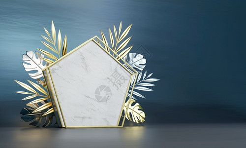 广告产品横旗演示文稿3D投影的棕榈叶套装饰场景横幅展示3d插图结石图片