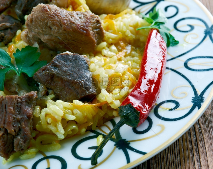 亚洲普洛夫乌国大餐配有羔羊和大米哈萨克语图片