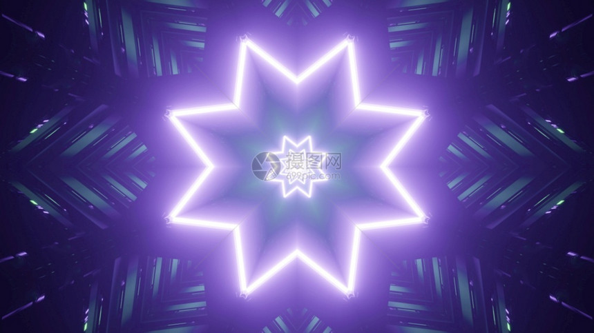 闪光亮的隧道运动紫色霓虹星在抽象万花筒隧道中闪耀的对称3D插图紫色霓虹星的图片