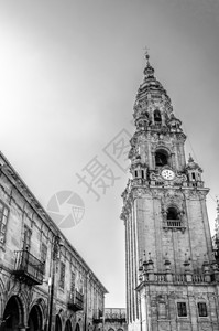 正面宗教的建筑圣地亚哥德孔波斯特拉大教堂西班牙朝圣之地黑白形象建筑学图片