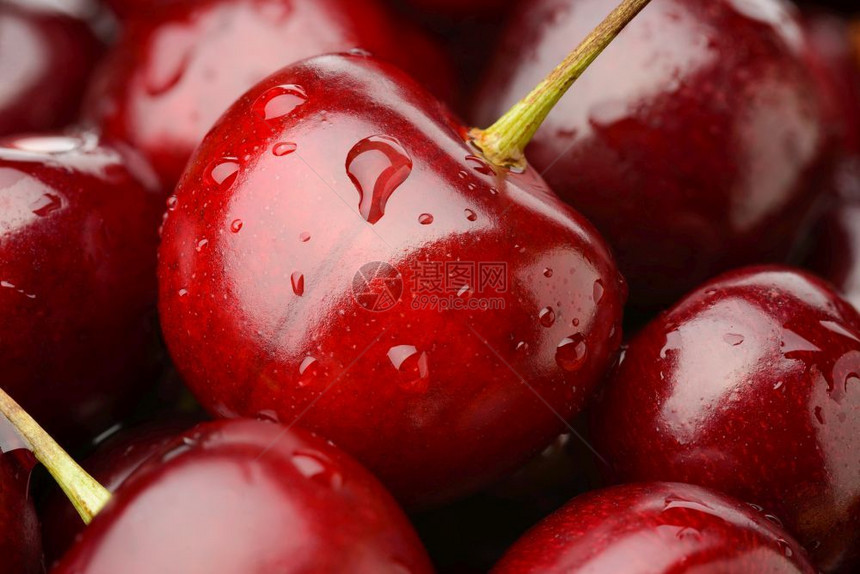 红色的带水滴新鲜和天然红樱桃宏观照片多汁的饮食图片