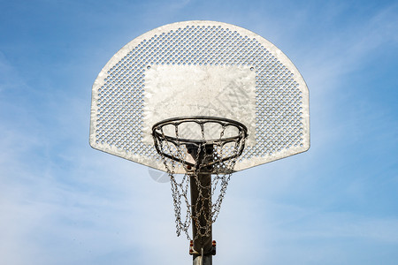运动本底蓝天空的金属篮球板和环状圈戒指健康图片