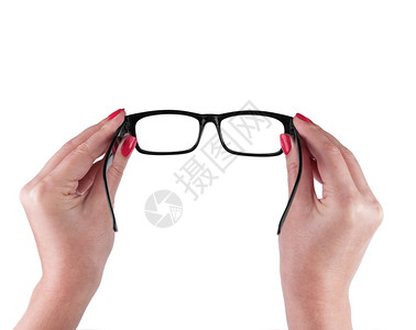 女手上的黑眼镜在白色背景上被孤立新的屋弃图片