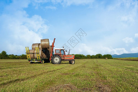 干燥拖拉机在野外收集干草篮子和装上农车天空加载图片