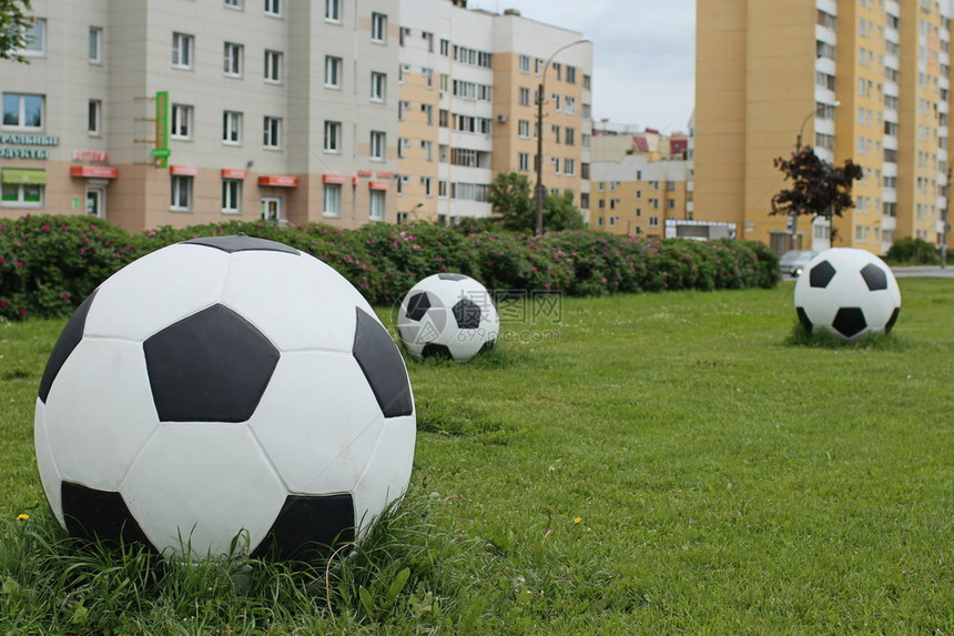 绿草坪上的足球圆形城市景观图片