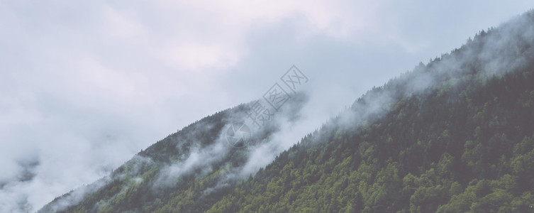 山坡在云中躺着青绿的阴锥被迷雾笼罩在景色风中天空蓝的美丽图片