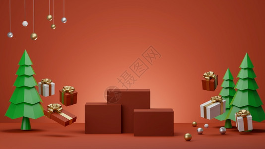 红色背景配有讲台礼品盒和圣诞树用于3D产品铸造红色的渲染工作室图片