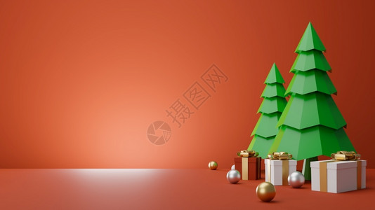 讲台介绍红底3D铸造的礼品盒和圣诞树庆典图片