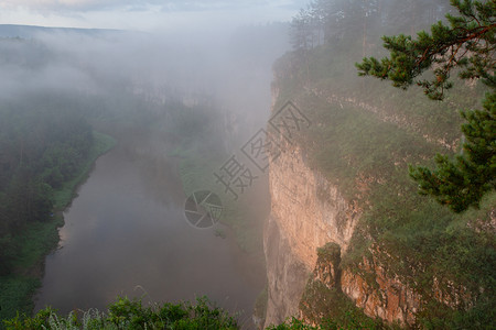 超过旅行清晨的雾在河峡谷地风景上升起森林图片
