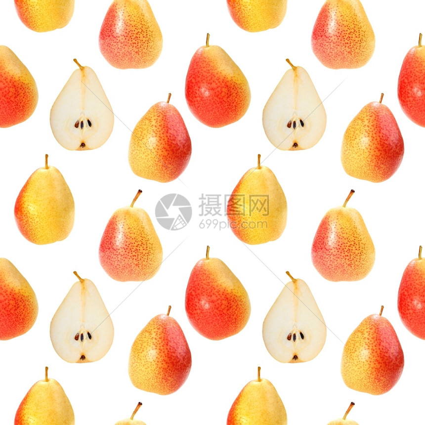以白色无缝图案隔离的橙色新鲜梨子背景摘要用于设计近距离摄影棚工作室茶点食物吃图片