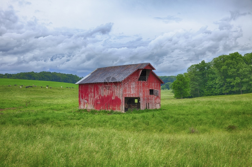 田园俄亥一个经典的红色谷仓站在东奥希洛一个农场的草地上老图片