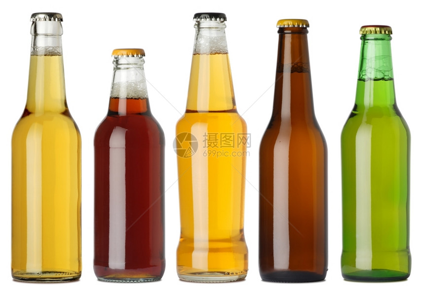 5个不同的全啤酒瓶没有标签每个瓶子有单独的剪切路径包括五张单独的照片合并在一起infowhatsthis湿的未开封琥珀色图片