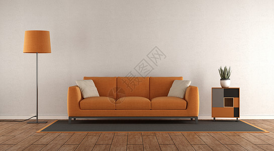 芦植带有沙发地板灯和小壁的最白色和橙客厅3D制成最小型白人和橙色客厅织物植餐具柜设计图片