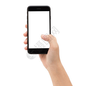 近距离手持在白色背景剪切路径上隔离的电话白屏幕在色背面隔离的电话白屏幕上抓着手机白屏幕保持色的剪裁背景图片