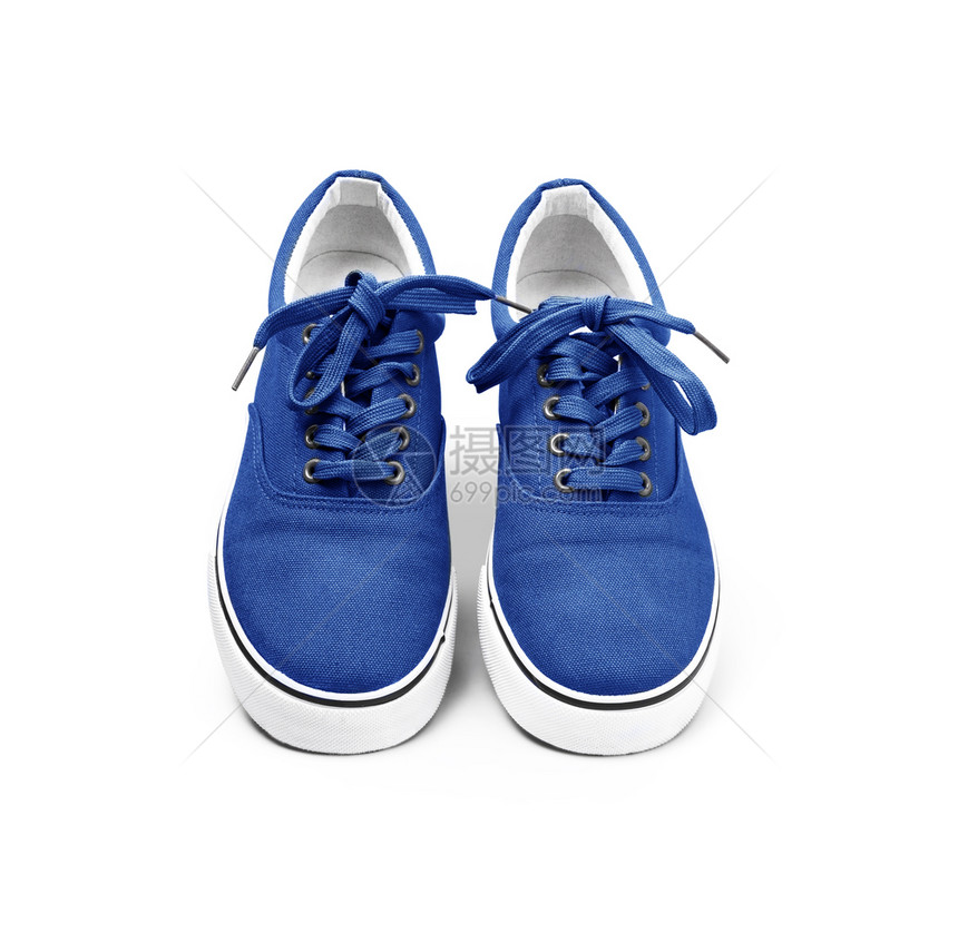 一双蓝色帆布鞋在白背景上隔离有剪切路径一双蓝色彩帆布鞋有白男橡胶运动的图片