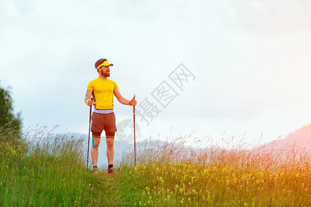 竹外桃花三两枝英俊的长着胡子人在山地草原中行走时用北欧的徒步棍向外望去远足健康背景