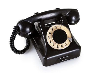 对话连接收者白色背景带旋转拨号的老旧黑色电话图片