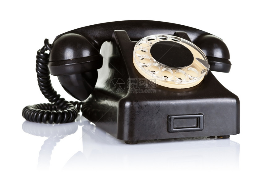 接收者听筒耳机白色背景带旋转拨号的老旧黑色电话图片