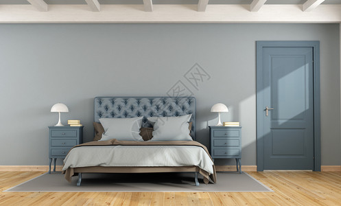 室内的蓝色主卧双床夜幕和闭门两床三层的蓝色主卧室建筑学现代的图片