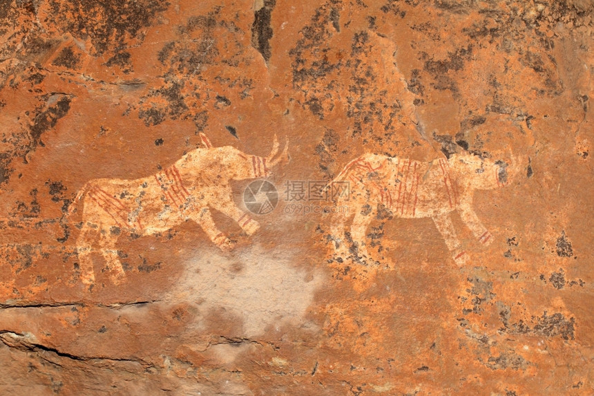 史前动物插图描述犀牛Drakensberg山脉南非xD的布希门桑山岩石绘画图片