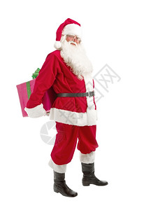 颜色正式的圣诞老人在白色背景上手握着圣诞礼物的手毛皮图片
